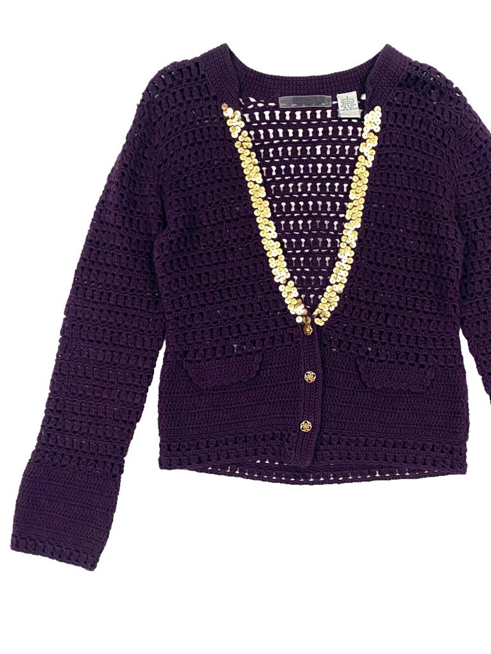 purple and gold sequin open knit cardigan sweater by Lucidity